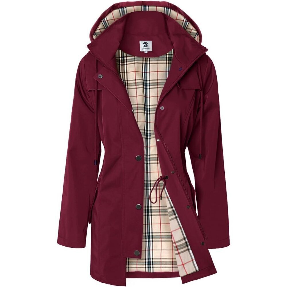 🆕Women's Red Waterproof Long Raincoat Outdoor Windbreaker Jacket with Hood